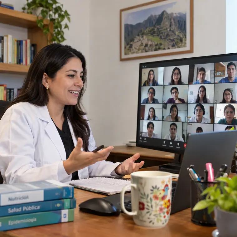 Docente dictando en sala mientras el grupo remoto aparece en pantalla