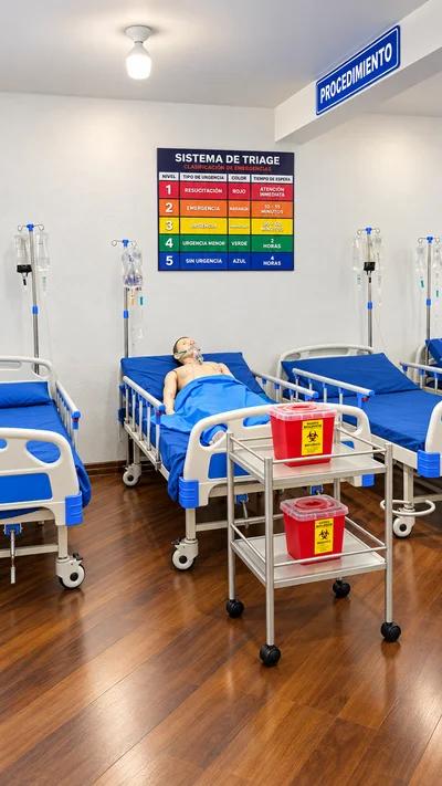 Sala de hospitalización con el tablero del sistema de triage y camas clínicas